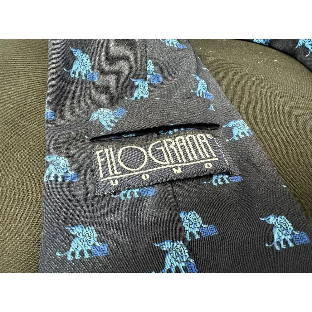 Filograna Uomo Navy 100% Silk Tie with Blue Winged Lions Holding Books